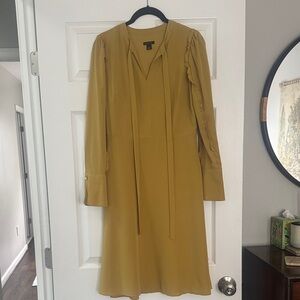 Long-Sleeve Mustard Shift Dress with Tie Neck